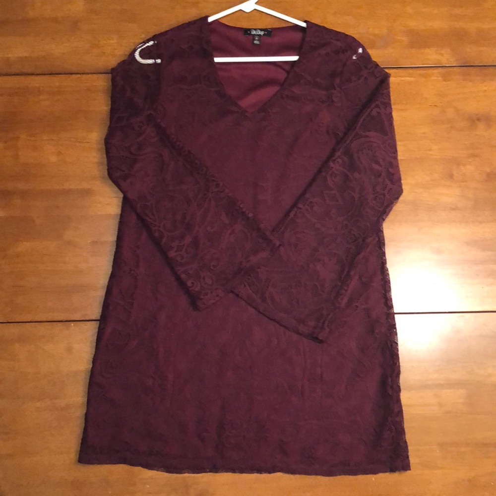 BeBop Burgundy Lace Dress W/ Sheer Sleeves